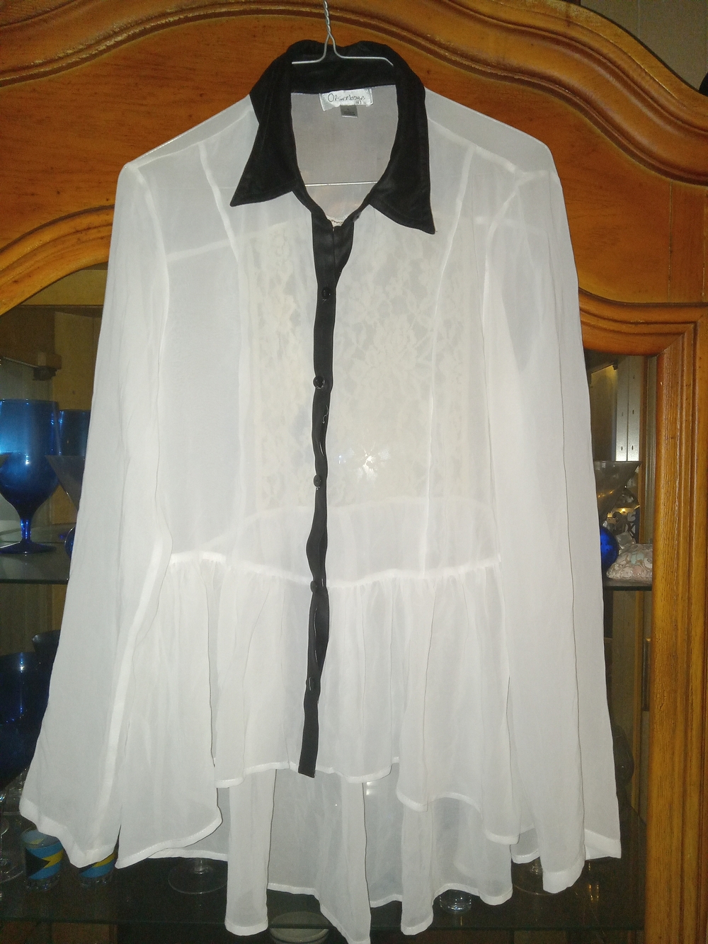 Olsenboye White Sheer Blouse with Black Collar and Trim